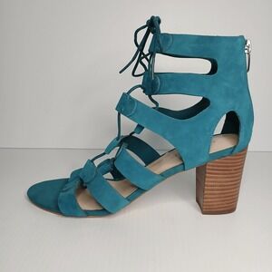 Marc Fisher Teal Suede Lace Up Block Heel Gladiator‎ Sandals Women's Size 9.5